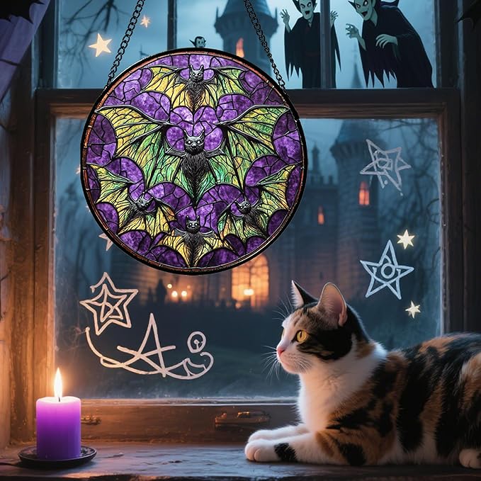 Stained Glass Window Hanging - Halloween Decorations Bats Suncatcher for Doors Garden Indoor Spooky Funny Purple Sun Catchers Gothic Decor Horror Gifts for Women Men Friend 6.3 in