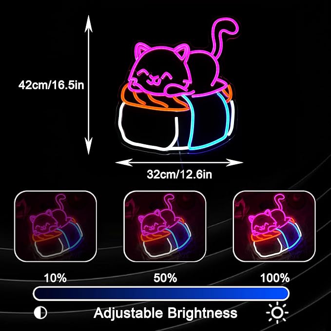 Sushi Cat Neon Sign Delicious Japanese Sushi LED Light Sign for Wall Decor Dimmable Cute Cat Neon Light for Sushi Shop Japanese Restaurant Kitchen Supermarket Cafe Bar home Party Girl Boy