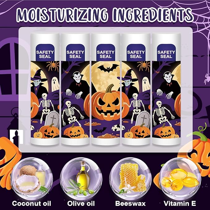 DMSKY 60 Pcs Halloween Lip Balm Bulk, Halloween Party Favors Bulk, Halloween Goodie Bags Fillers for Trick or Treat