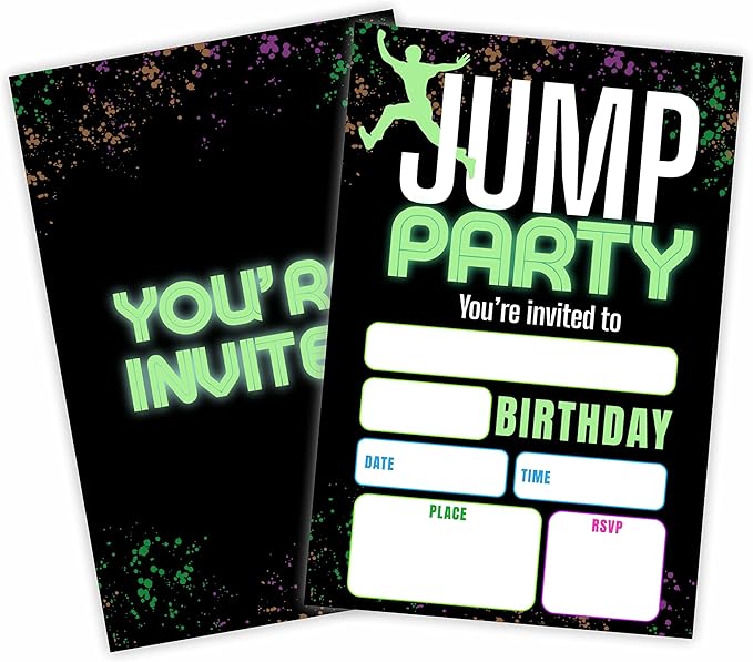 Jump Party Birthday Invitations, Glow Trampoline Birthday Party Invite Cards（20 Count) With Envelopes, Fill In Style Invite Cards For Boys & Girls, Birthday Party Supplies-B01