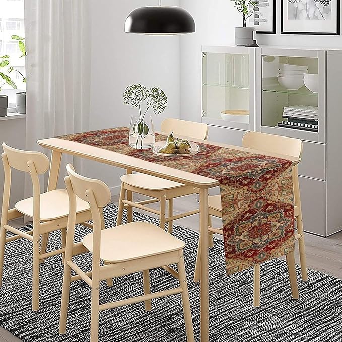 Boho Bohemia Style Table Runner, Vintage Red Brown Retro Flower Rustic Country Style Floral Print Pattern for Home Kitchen Table Decor Dining Coffee Room Garden Party Decor 13x36in