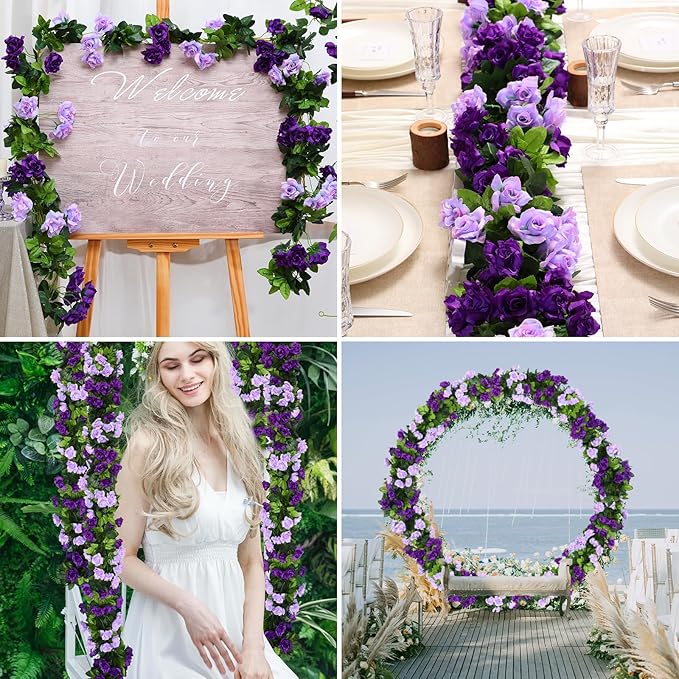 Floweroyal 6 Pack Artificial Flower Garlands 7.9FT Fake Rose Vines Silk Flowers Hanging Rose Ivy for Wedding Arch Party Home Garden Wall Decor (Purple)