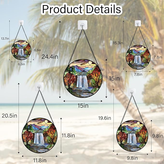 Stained Glass Window Hanging, Abstract Landscape Waterfall Mountains Trees Suncatcher for Doors Window Home Sun Catchers Decor Mother's Day Birthday Gifts for Women Men Mom 15 in