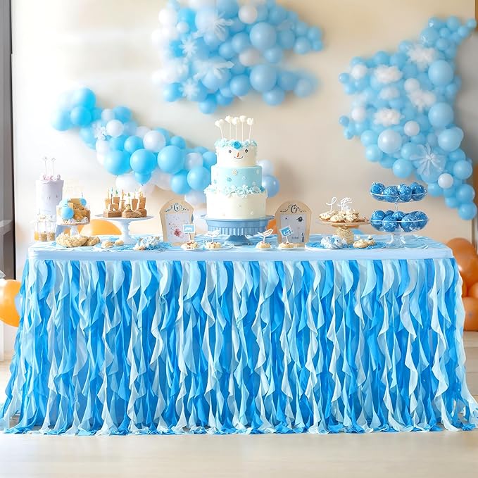 PARTISKY Ocean Blue Tulle Tutu Ruffle Curly Willow Table Skirt for Rectangle Table 6ft,Under The Sea Baby Shark Themed Table Cloth for Boys Girls Birthday Party or Baby Shower
