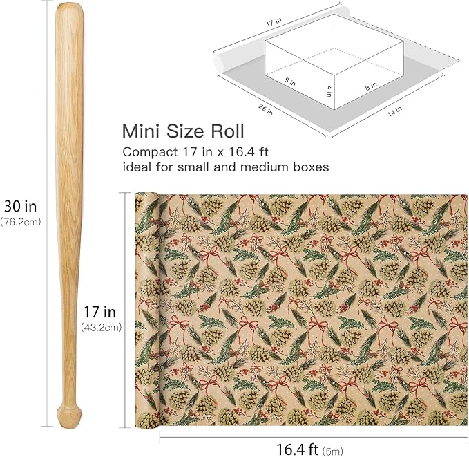 RUSPEPA Kraft Christmas Wrapping Paper Roll, Mini Roll, Pinecone and Greenery Design with Red Bow and Snowflake, Kraft Gift Wrap Paper for Christmas, Holiday, Winter Party, 17 Inches x 16.4 Feet