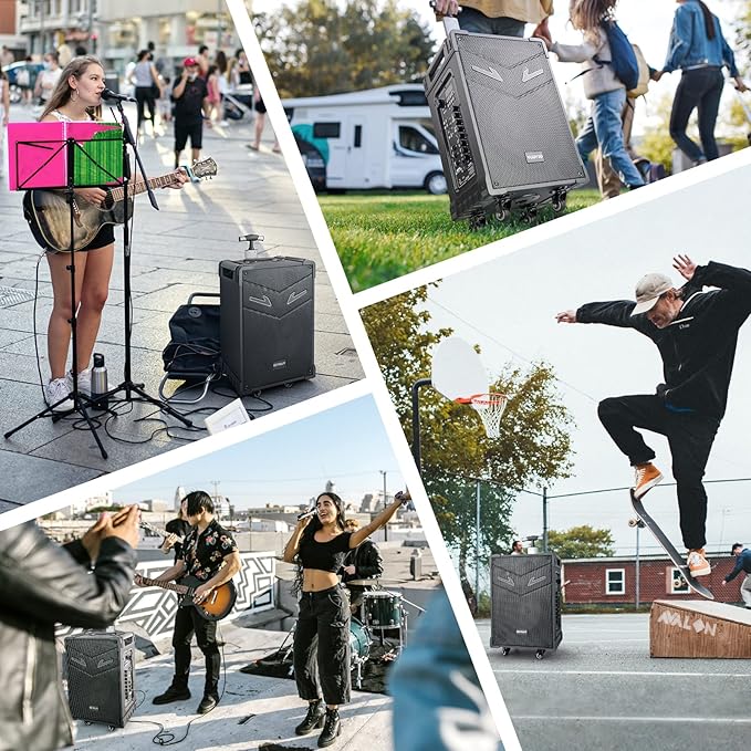GTSK10-3 3-Way Portable Bluetooth PA Speaker with Wireless Microphones, 10" Subwoofer, Party Speaker with DJ Lights, USB/FM/TWS/Guitar Input, Rechargeable for Outdoor Events