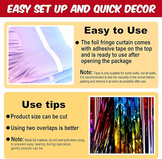 6 Pack Rainbow Foil Fringe Curtains Backdrop, 3.28 x 8.2 Ft Metallic Streamers Tinsel Curtains Background for Photo Booth, Birthday, Weddings, Carnivals, Graduation, Themed Party Decorations