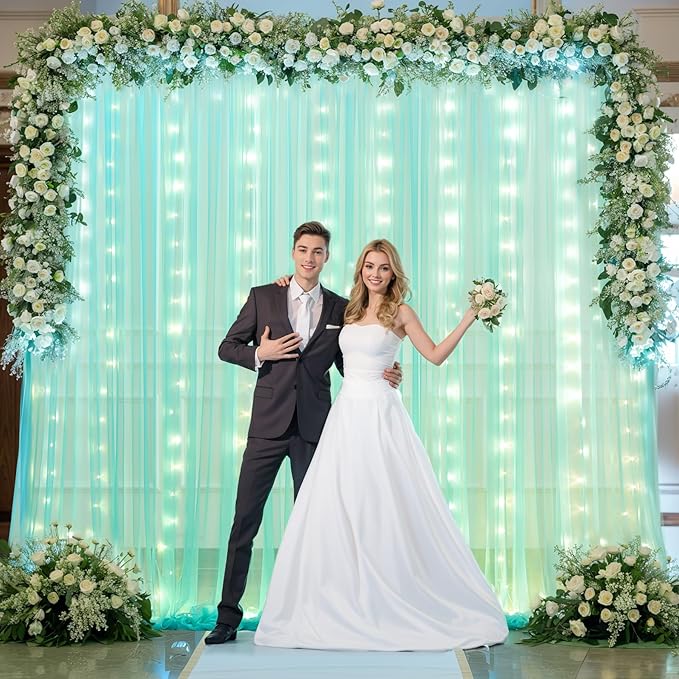 Sage Green Tulle Backdrop Curtains with Lights String for Parites 10x10ft Sheer Backdrop Curtains Drapes for Birthday Party Bridal Shower Baby Shower Christmas Wall Photo Booth Background Decorations