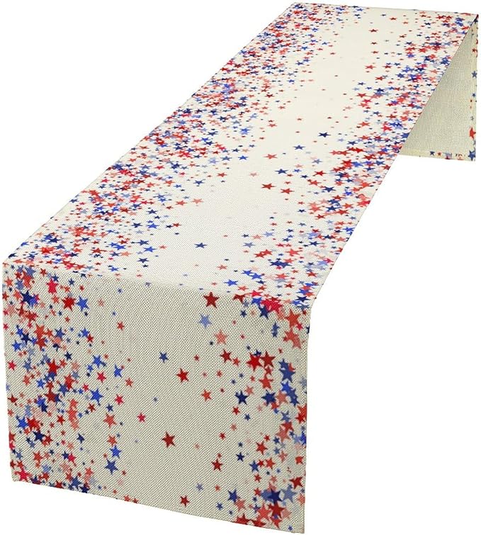 Independence Day Table Runner, 4th of July Red Blue Stars American President Day Holiday Confetti Print Table Cover for Kitchen Dining Table Indoor Outdoor Party, 13x108inch