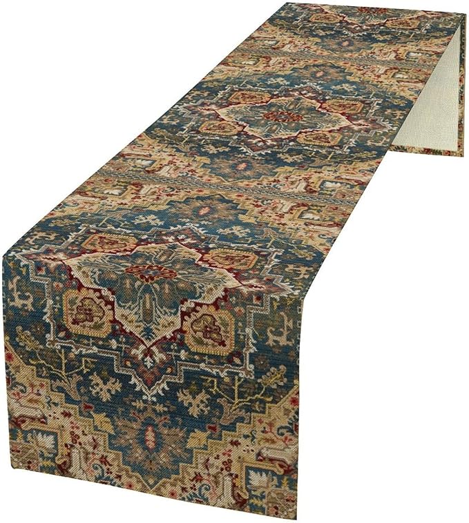 Boho Bohemia Style Table Runner, Country Rustic Farmhouse Vintahe Colorful Geometry Print Table Runner for Home Kitchen Dinner Party Holiday Decor, 13x36inch