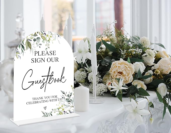 Greenery Please Sign Our Guestbook Sign, 6 x 8 Inch White Arch Acrylic Wedding Sign with Holder, Wedding Sign for Ceremony and Reception, Wedding Decoration, Wedding Supplies - LY02