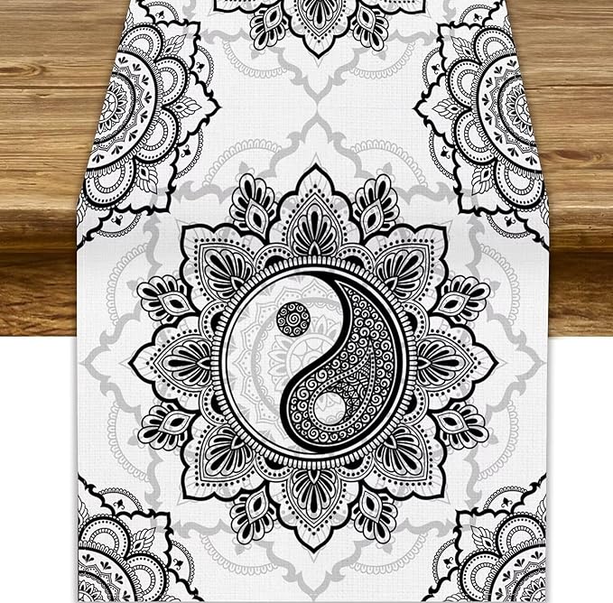 Yin Yang Table Runner, Bohemian Mandala Vintage Black White Traditional Oriental Floral Print Table Runner for Home Kitchen Dining Table Wedding Party Decor, 13x90inch