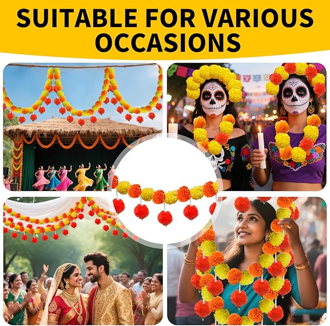 5 Pcs Diwali Artificial Marigold Garland with Pearls Decor, 4.5 Feet Artificial Marigold Flowers for Indian Pooja Diwali Home Mantle Decor Long Strands for All Year Decoration (Yellow＆Orange&Red)