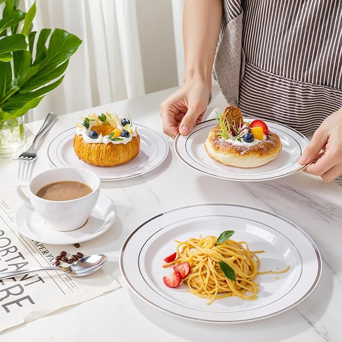 350 Pcs Silver Plastic Plates - Silver Dinnerware Set of 50 Dinner Plates 50 Dessert Plate 50 Silverware 50 Napkins 50 Cups for Christmas Party&Wedding