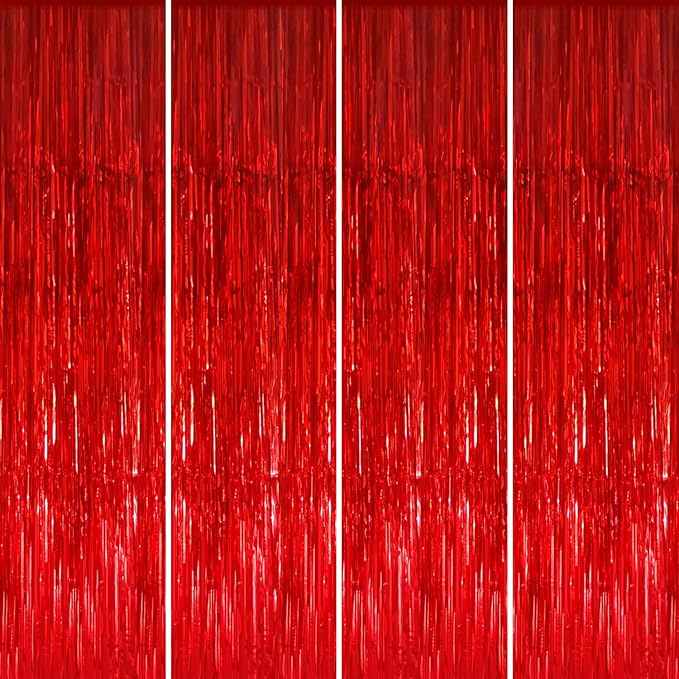 GOER 3.2 ft x 8.2 ft Metallic Tinsel Foil Fringe Curtains Party Photo Backdrop Party Streamers for Birthday,Graduation,New Year Eve Decorations Wedding Decor (4 Packs,Red)