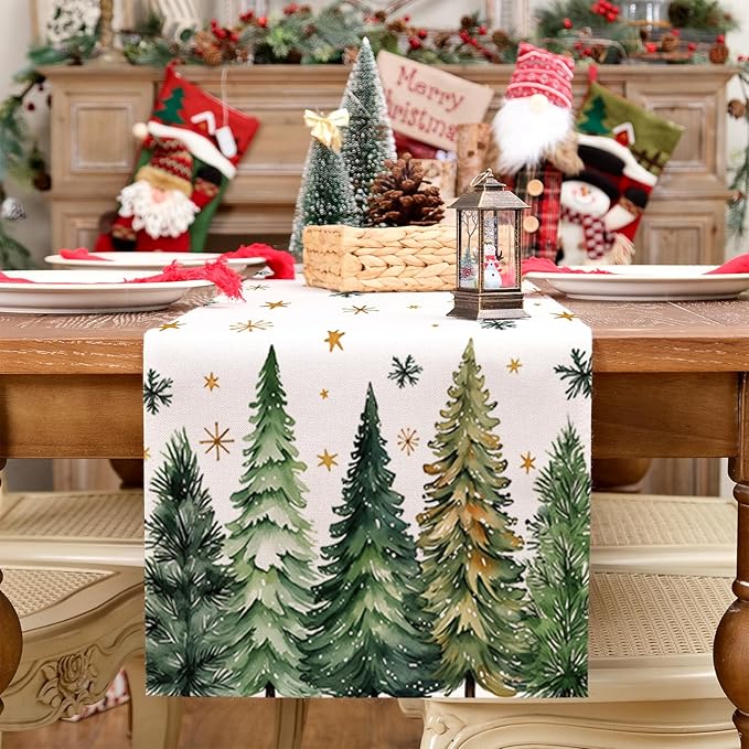 GEEORY Christmas Table Runner 13x90 Inch, Xmas Tees Snowflakes Holiday Decorative Farmhouse Table Decoration for Kitchen Dinning, Indoor Outdoor Dinner Party Decor (Light Green) GT166-90