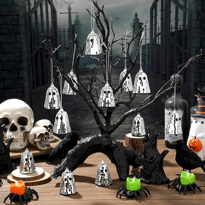 12 Pcs Halloween Disco Ghosts Decor Halloween Ornament Silver Mirror Disco Skeleton Tabletop Centerpiece for Holiday Cosplay Home Props Gift Party Decorations (Sliver)