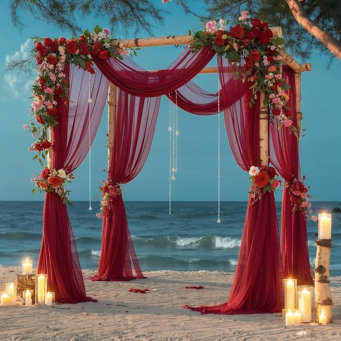 PARTISKY Wedding Arch Draping Fabric, 2 Panels Burgundy Sheer Backdrop Curtain Tulle Fabric Drapery for Arbor Wedding Archway Ceremony Party Ceiling Decor Backdrop