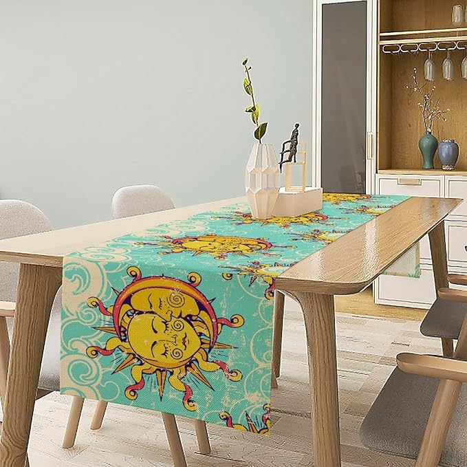 Retro Sun Moon Table Runner, Phase of The Moon Vintage Cloud Table Runner for Kitchen Dinner Living Room Table Runner Yellow Floral, 13x120 Inch Yellow Blue