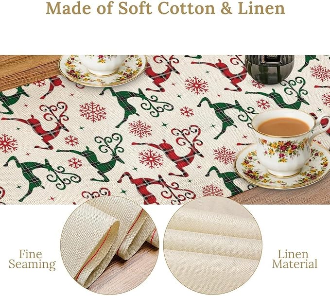 Christmas Table Runner,Christmas Plaid Deer Print Farmhouse Table Cloth Kitchen Dining Table Decoration for Home Party Decor 13x70 Inch