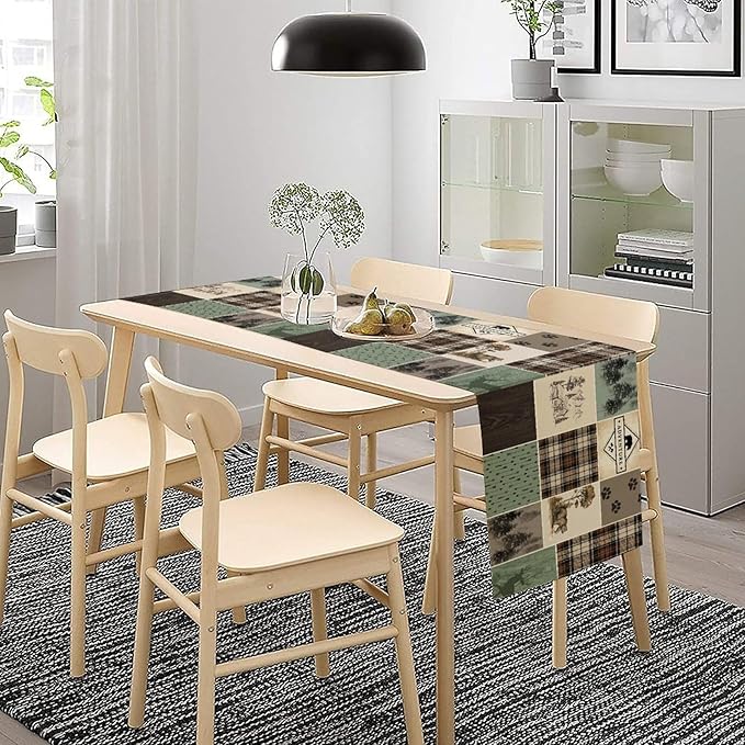 Bear Deer Table Runner,Rustic Lodge Retro Country Farmhouse Buffalo Plaid Print Tablecloth Burlap for Hotel Indoors Outdoor Dining Room Kitchen Home Decor,W13X L80 in