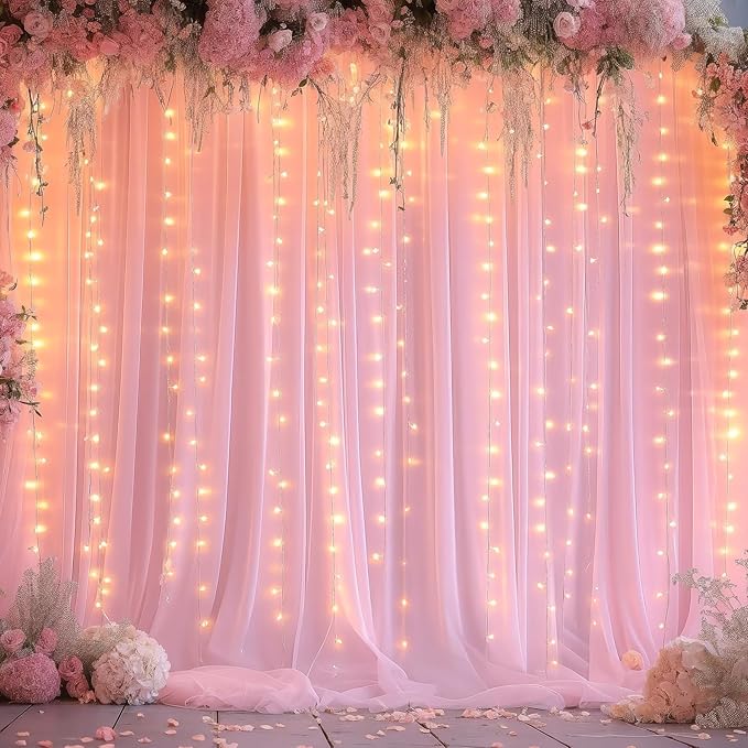 Sheer Backdrop Curtains with Lights String for Weddings Baby Showers, 10x10ft Sheer Tulle Photo Backdrop Curtains for Birthday Party Photography Background Decoration, Pink