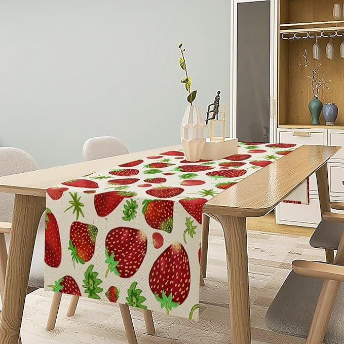 Strawberry Table Runner Spring Summer Fruit Wild Berry Forest Garden Dinner Runner for Girl Baby Shower Party Holiday Home Kitchen Dining Table Decor 13x90