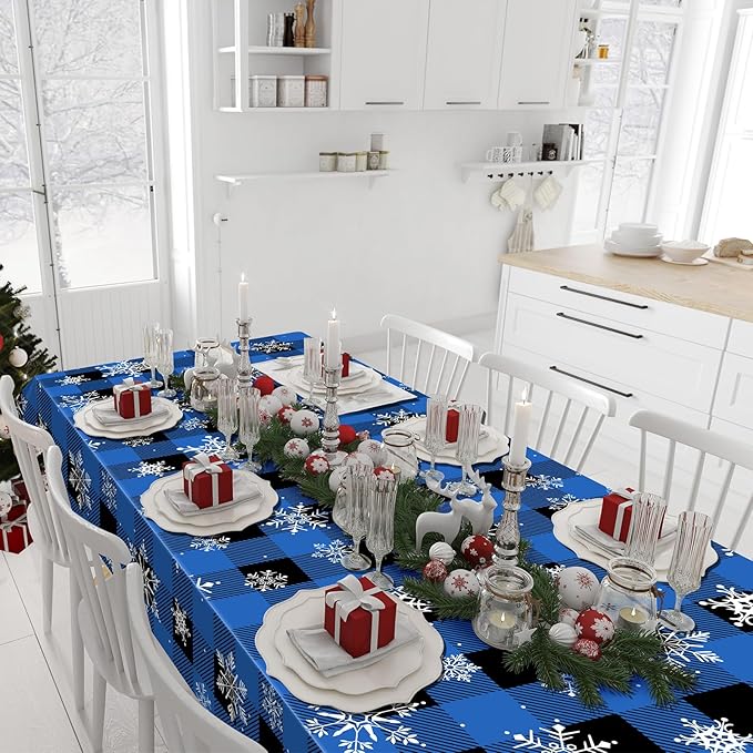 3Pcs Christmas Buffalo Plaid Snowflake Party Tablecloths Decorations,Plastic Black and Navy Blue Checkered Rectangle Table Cover for Winter Christmas Birthday Holiday Party Decorations,54x108 inch