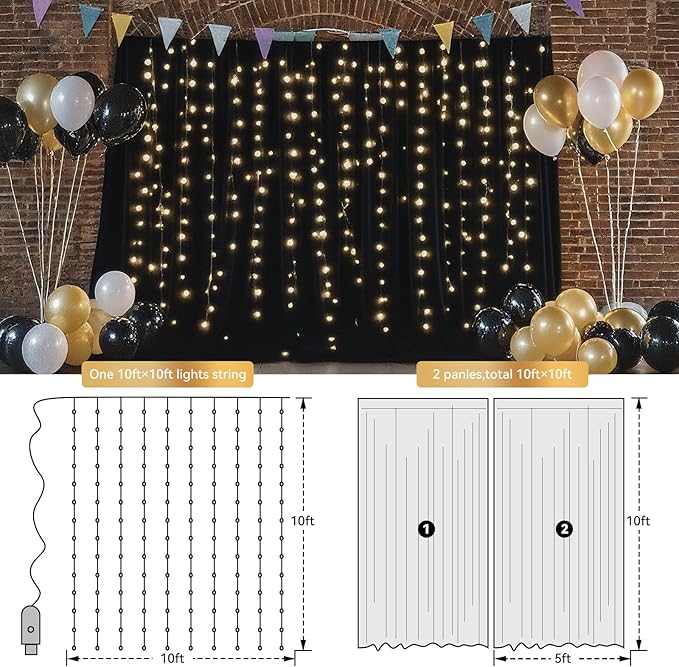 Ledido 10×8ft Tulle Backdrop Curtains with Lights String - 300LED Fairy Lights Sheer Curtain Backdrop for Weddings Baby Shower and Birthday Party Decorations(2 Panels 5×8ft)