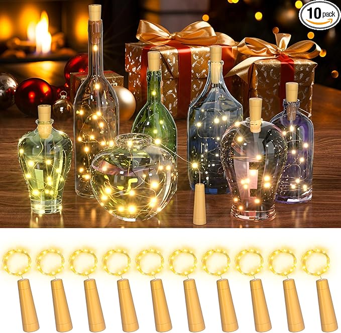 PChero Wine Bottle Cork Lights with Timer, 10 Pack 20 LED 6.6 ft Fairy String Lights Battery Operated for DIY Party Wedding Christmas Festival Bar Decoration, Warm White