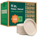 100% Compostable Paper Plates 9 Inch [500 Count] Heavy-Duty Dinner Plates - Natural Brown Color Unbleached Bagasse - Eco-Friendly Disposable Biodegradable Sugarcane Plates - [Bulk Case 4/125 Pack]