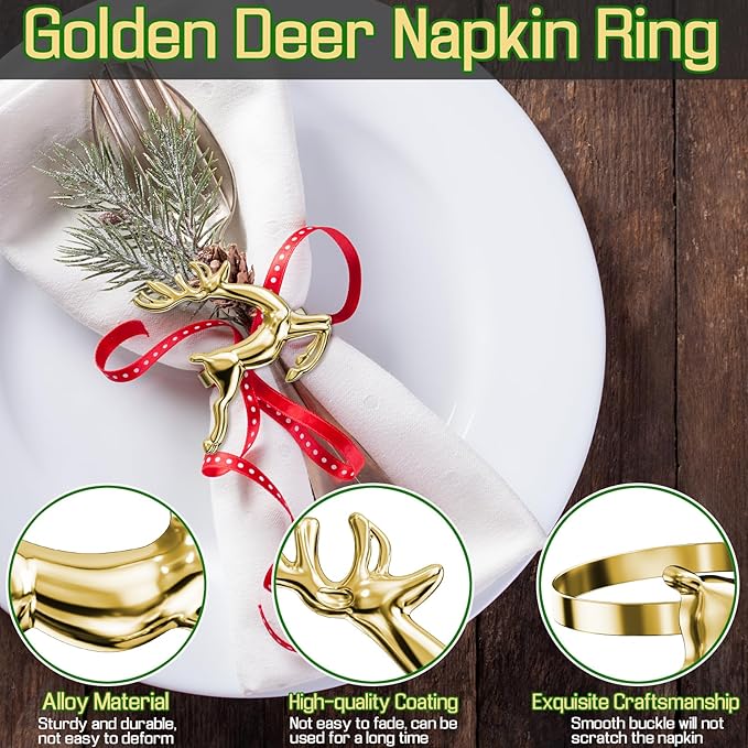 ZeeDix Gold Reindeer Christmas Napkin Rings Set of 8, Napkin Holder Ring for Christmas Dinner Table Decor Cloth Napkins, Wedding Receptions, Holiday Party, Banquet and Home Kitchen