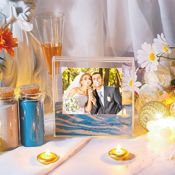 Sand Ceremony Kit for Wedding Includes Clear Acrylic Unity Sand Ceremony Photo Frame 2 Pack Photo Fixing Corner Stickers and 2 Glass Unity Holder for Wedding Home Decor(Blue, Gray)