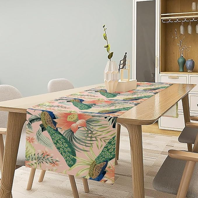 Peacock Table Runner,Pink Flower Peacock Birds Table Runner for Home Kitchen Dining Party Indoor Outdoor Decoration 13x36 Inch