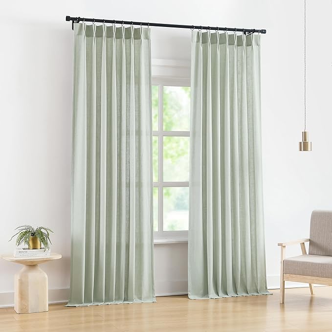 Vision Home Pinch Pleated Semi Sheer Curtains Textured Linen Blended Light Filtering Window Curtains 90 inch for Living Room Bedroom Pinch Pleat Drapes with Hooks 2 Panels 40" Wx90 L,Soft Green