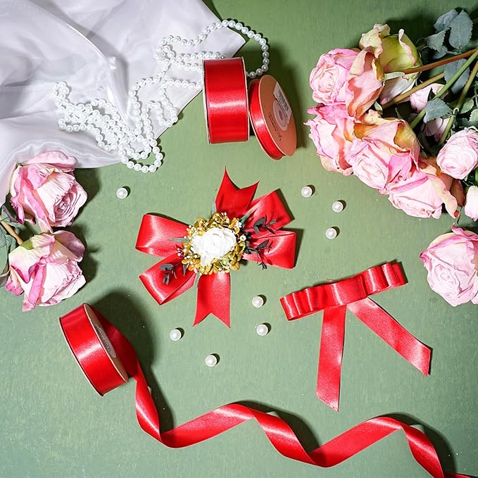 LaRibbons Bright Red Satin Ribbon 1 Inch 25 Yards Luxury Double Faced Red Ribbon for Gift Wrapping Flower Bouquet Crafts Wedding Party Christmas Decoration