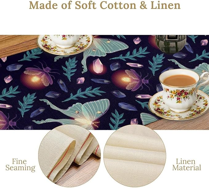 Moth Table Runner, Retro Boho Aesthetic Blue Moth Magic Table Runner for Home Kitchen Dining Party Indoor Outdoor Decoration 13x36 Inch