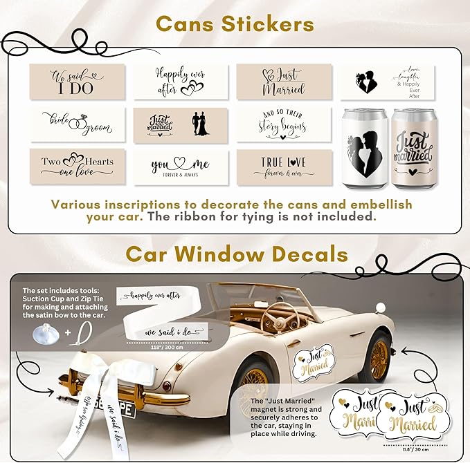 33 Pc Just Married Car Decorations – Wedding Reception & Ceremony Decor – Banners, Stickers & Balloons – Elegant Reusable Wedding Car Kit – Weather-Resistant & Easy to Apply – No Residue