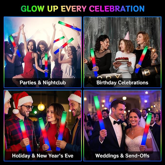 AOWDIAO 24 Pcs 16″ Foam LED Glow Sticks, 3 Light Up Modes, Party Favors for Wedding, Festival & More