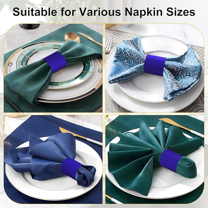 Polymer Material Reusable Napkin Band, Glue-Free Tear-Proof Water Resistant Oil-Proof Napkin Bands Set of 50(Front Blue Color and Back White), 6 Adjustable Sizes Napkin Rings