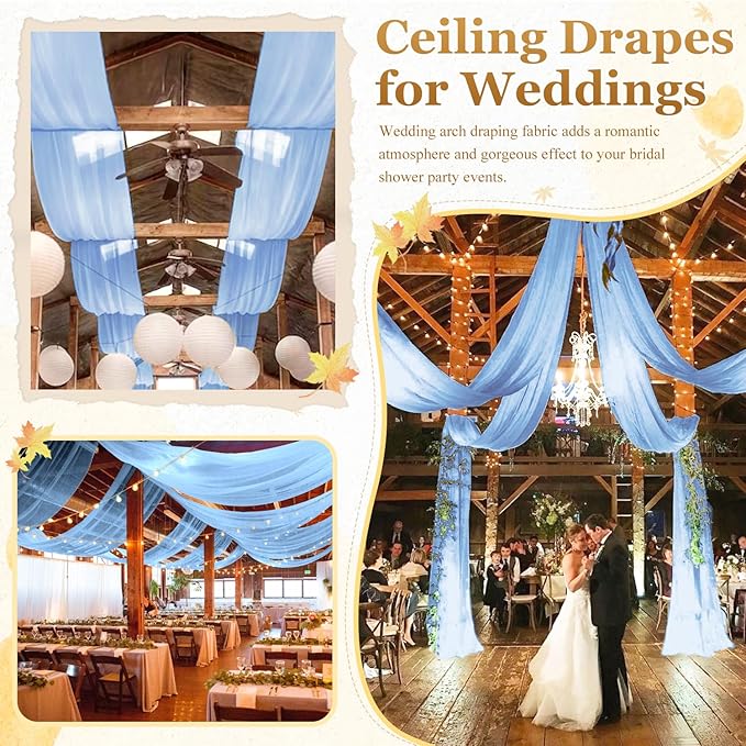 MODFUNS Light Blue Ceiling Drape 5x20ft 4 Panels Chiffon Ceiling Draping Fabric Sheer Wedding Arch Drapery Stage Canopy Ceiling Drapes Chiffon Curtain Drapes for Arbor Swag Tent Party Decoration