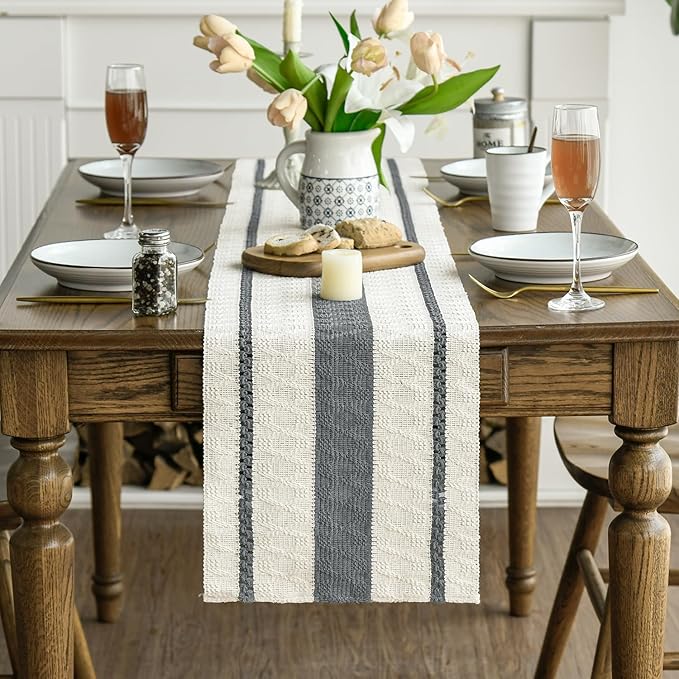 Artoid Mode Dark Grey Farmhouse Woven Rustic Table Runner, Seasonal Holiday Hollow Kitchen Dining Table Decoration for Home Party Decor 12x90 Inch