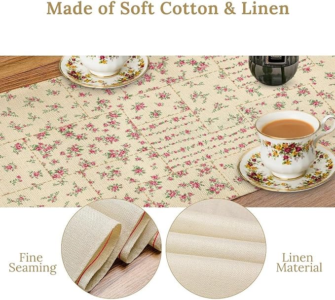 Floral Table Runner, Watercolor Rose Flower Kitchen Table Decoration Vintage Spring Home Tablecloth for Birthday Party Picnic Decoration 13x70 Inch 1PCS