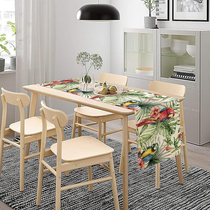 Parrot Table Runner,Tropical Palm Leaf Colorful Macaw Bird Watercolor Print Tablecloth Burlap for Hotel Indoors Outdoor Dining Room Kitchen Home Decor,W13X L70 in