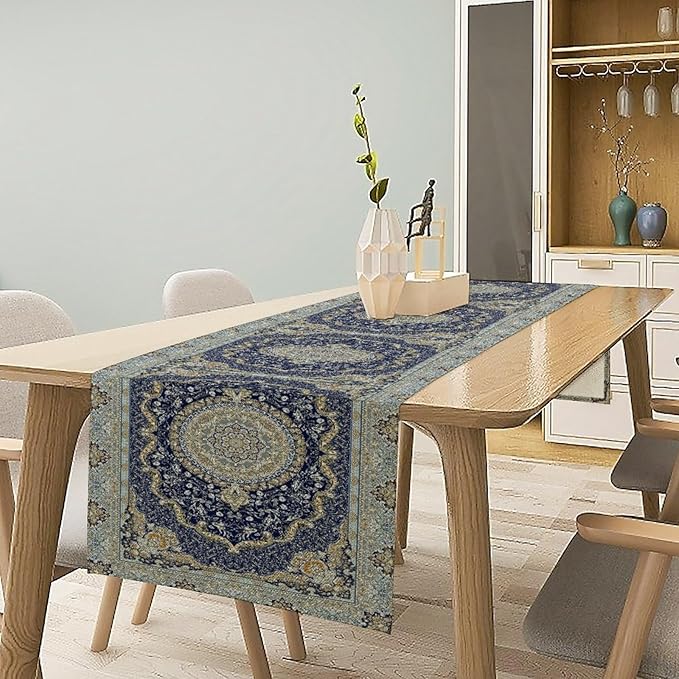 Boho Bohemia Style Blue Teal Table Runner, Country Rustic Farmhouse Magical Abstract Print Pattern for Home Kitchen Table Decor Dining Coffee Room Garden Party Decor 13x108in