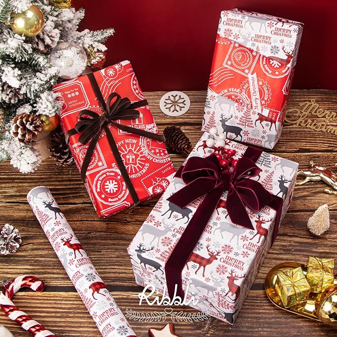Ribbli Christmas Wrapping Paper Reversible Vintage Reindeer and Christmas Stamp Gift Wrapping Paper Rolls Holiday Presents Decoration-17 Inch x 33 Feet