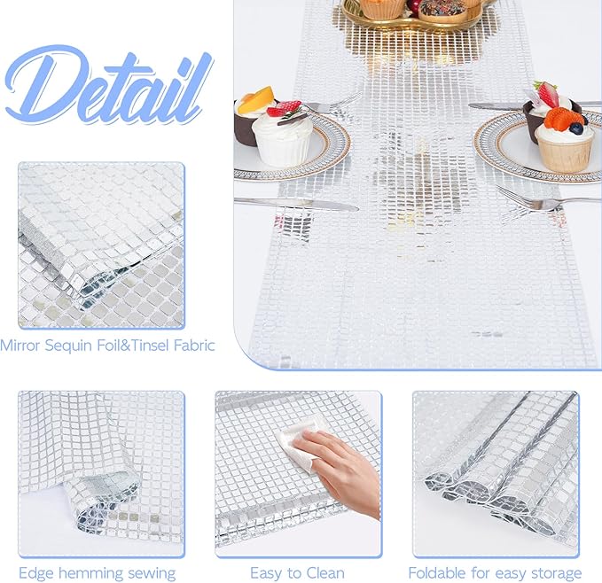 SquarePie Disco Table Runner 6 Pack - Silver Mirror Sequin Glitter Foil Runner for Disco Party Decor Retro 70s 80s Theme, Bachelorette Birthday Dance Decoration 12x108 Inch
