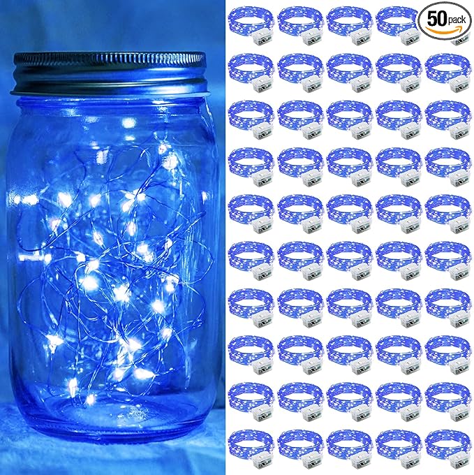 50 Pack Blue Fairy Lights 7Ft 20 LED Twinkle String Lights 3 Modes Battery Operated Waterproof Firefly Starry for Mason Jar Party Wedding Christmas Valentines Day Table Centerpieces