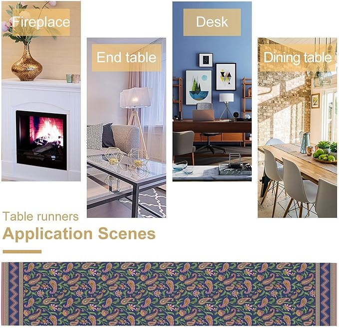 Colorful Paisley Floral Table Runner, Vintage Pink Purple Flowers Green Plants Leaves Print Table Runner for Kitchen Dining Table Indoor Outdoor Home Party, 13x60inch