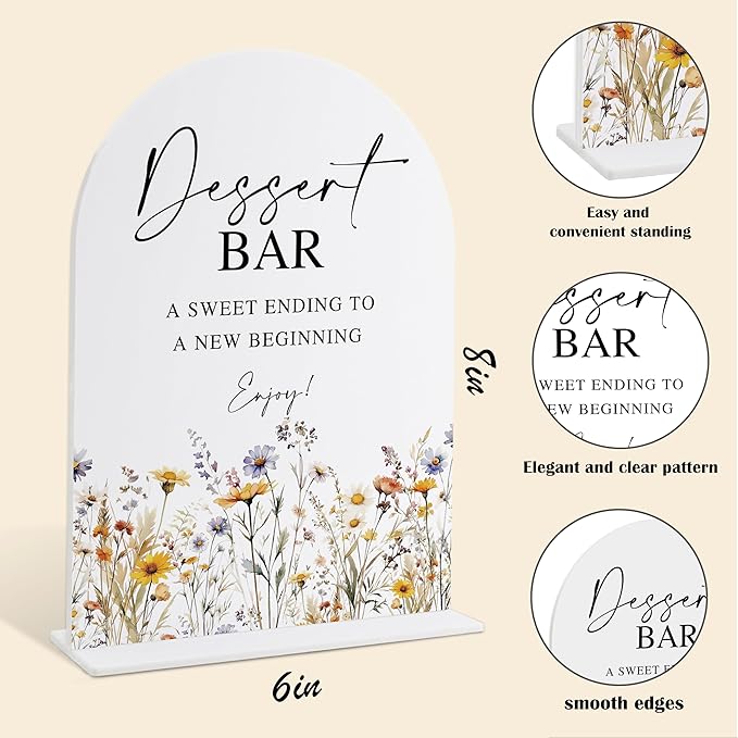 Wedding Signs for Ceremony and Reception, Boho Floral Acrylic Dessert Bar Sign, Wedding Signage with Stand, Bridal Shower Table Centerpieces, Supplies for Engagement Reception and Event Party, 25